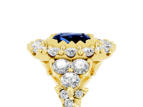 Yellow gold Princess Cut Blue Sapphire Halo Ring with Pavé Band and Four-Prong Setting_17