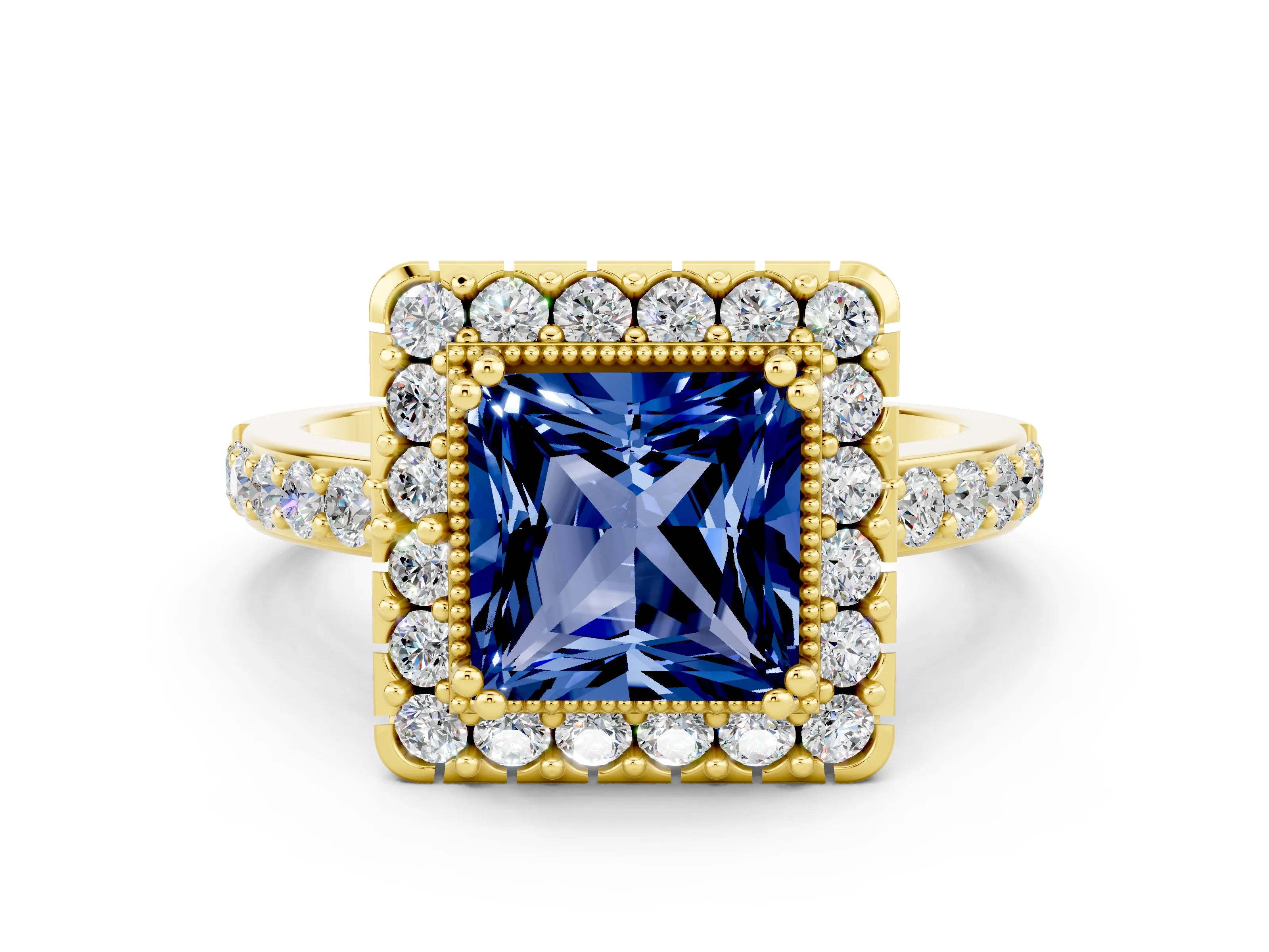 Yellow gold Princess Cut Blue Sapphire Halo Ring with Pavé Band and Prong Setting