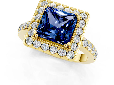 Yellow gold Princess Cut Blue Sapphire Halo Ring with Pavé Band and Prong Setting_1