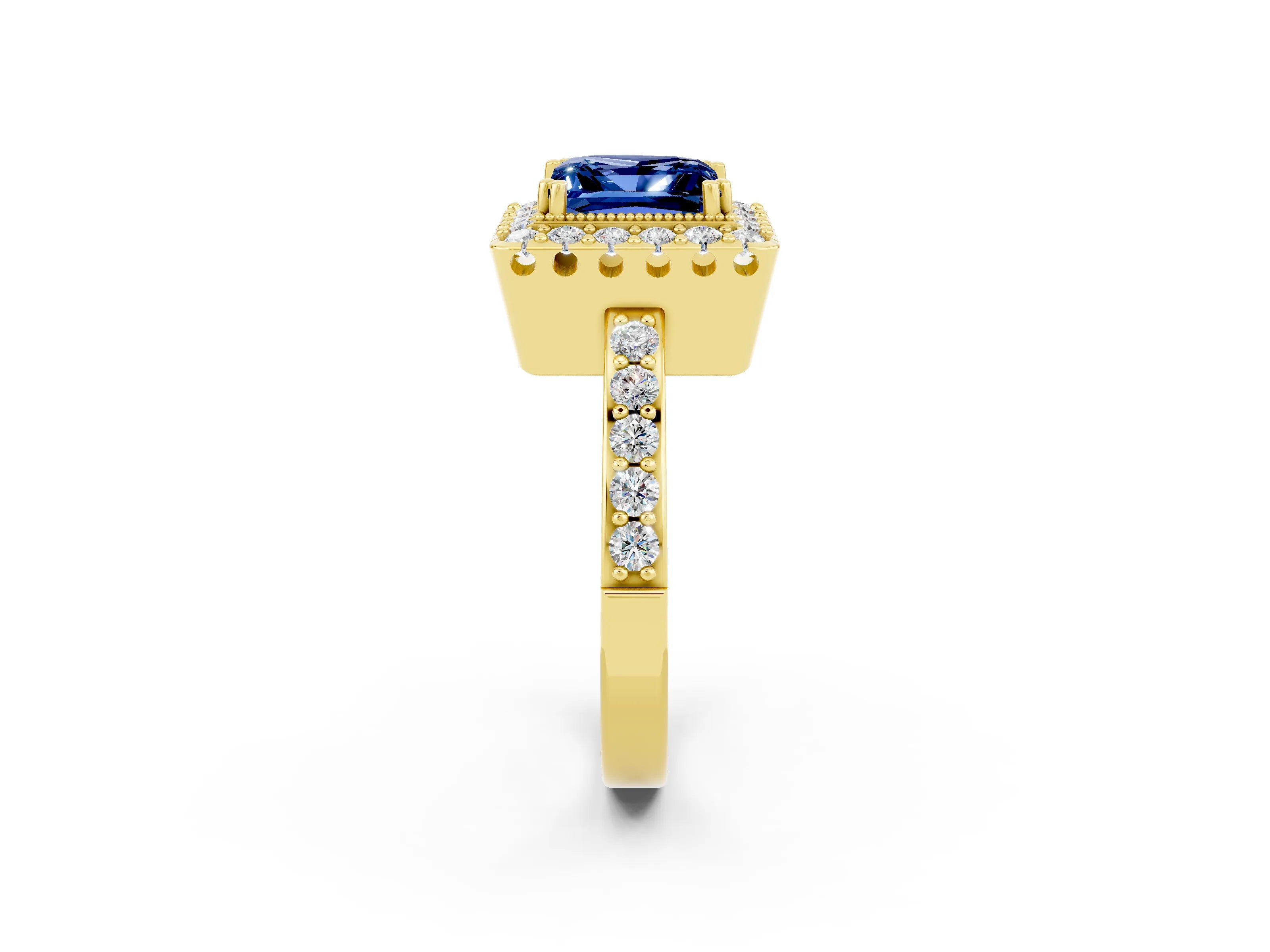 Yellow gold Princess Cut Blue Sapphire Halo Ring with Pavé Band and Prong Setting_2