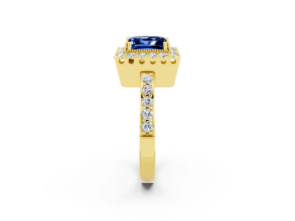 Yellow gold Princess Cut Blue Sapphire Halo Ring with Pavé Band and Prong Setting