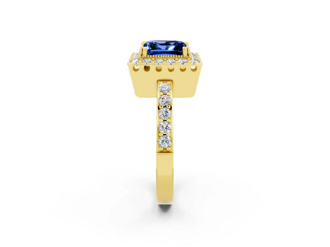 Yellow gold Princess Cut Blue Sapphire Halo Ring with Pavé Band and Prong Setting_2