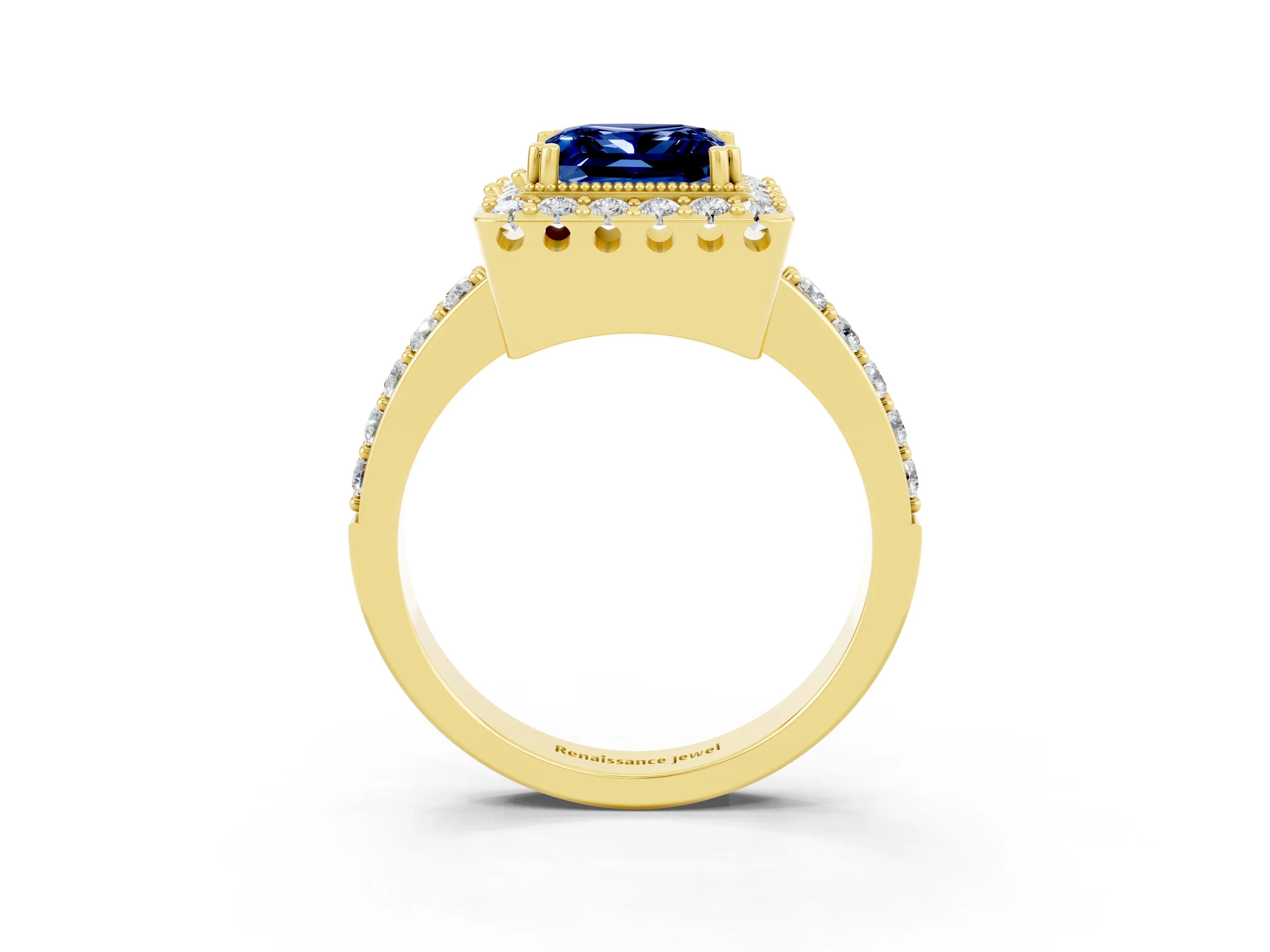 Yellow gold Princess Cut Blue Sapphire Halo Ring with Pavé Band and Prong Setting_3