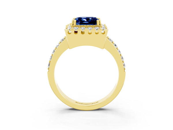 Yellow gold Princess Cut Blue Sapphire Halo Ring with Pavé Band and Prong Setting