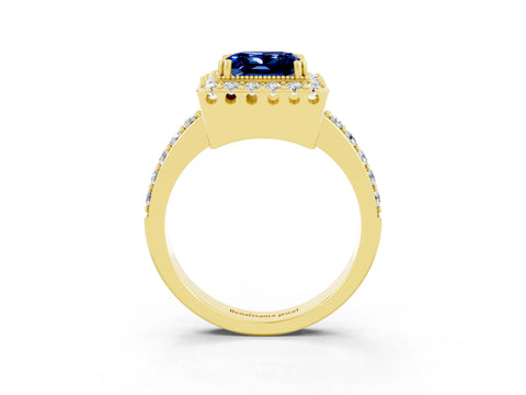 Yellow gold Princess Cut Blue Sapphire Halo Ring with Pavé Band and Prong Setting_3