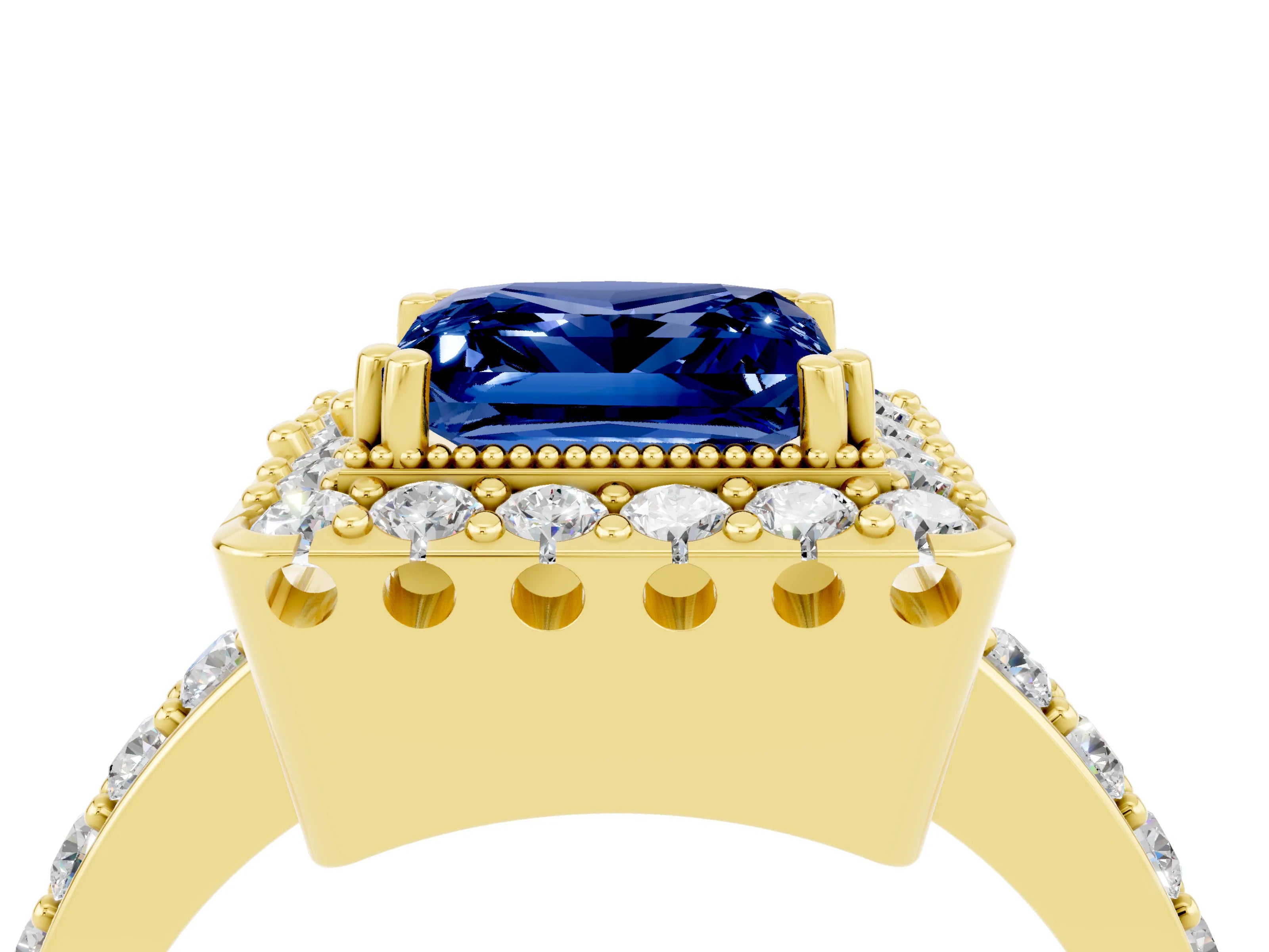 Yellow gold Princess Cut Blue Sapphire Halo Ring with Pavé Band and Prong Setting_4