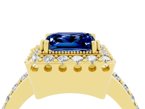 Yellow gold Princess Cut Blue Sapphire Halo Ring with Pavé Band and Prong Setting_4
