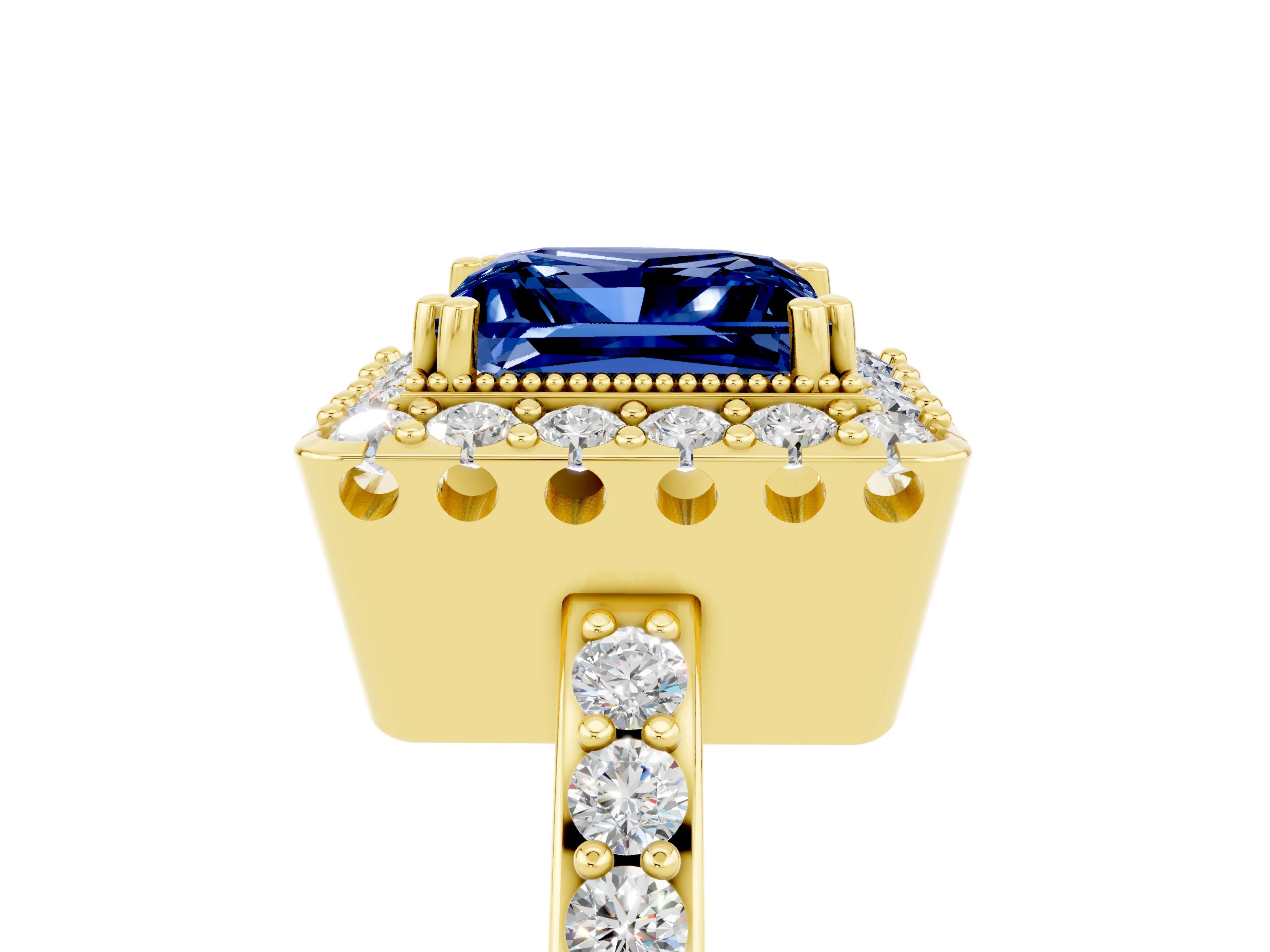 Yellow gold Princess Cut Blue Sapphire Halo Ring with Pavé Band and Prong Setting_5