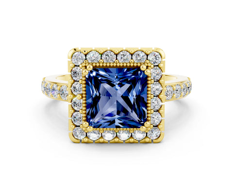 Yellow gold Princess Cut Blue Sapphire Halo Ring with Pavé Band and Prong Setting