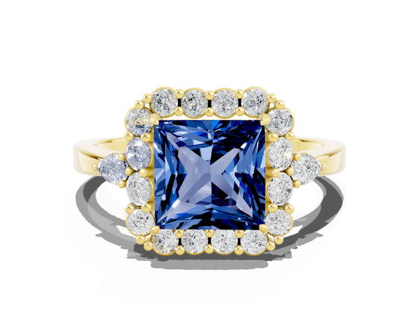 Yellow gold Princess Cut Blue Sapphire Halo Ring with Pear Side Stones and Prong Setting