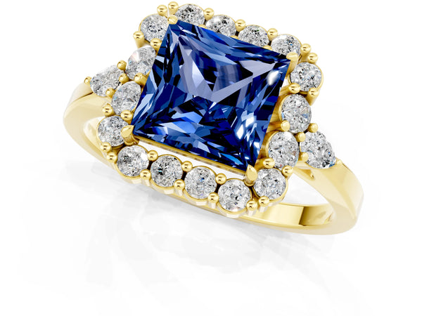 Yellow gold Princess Cut Blue Sapphire Halo Ring with Pear Side Stones and Prong Setting
