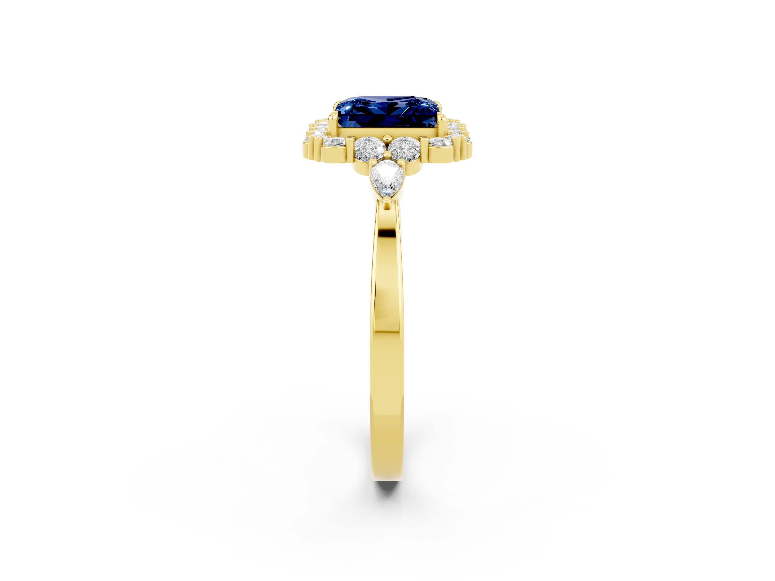 Yellow gold Princess Cut Blue Sapphire Halo Ring with Pear Side Stones and Prong Setting_14