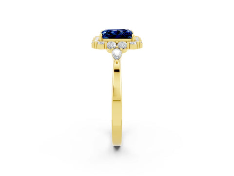 Yellow gold Princess Cut Blue Sapphire Halo Ring with Pear Side Stones and Prong Setting_14