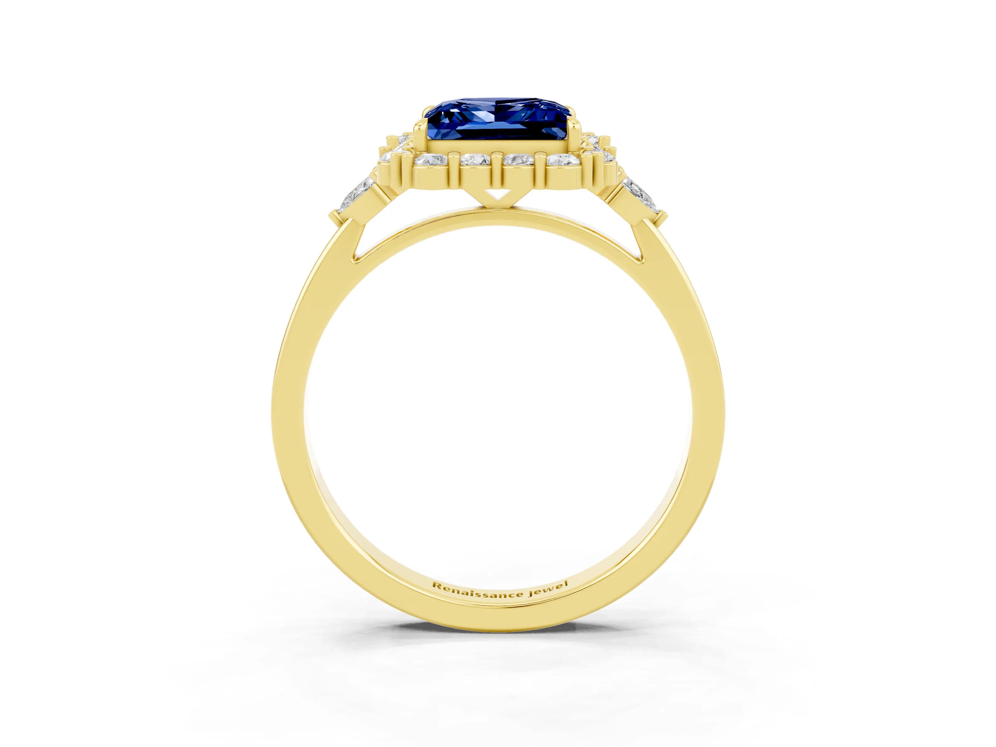Yellow gold Princess Cut Blue Sapphire Halo Ring with Pear Side Stones and Prong Setting_15