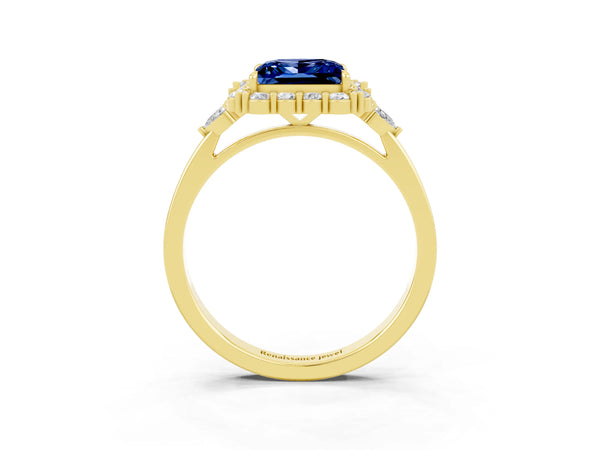 Yellow gold Princess Cut Blue Sapphire Halo Ring with Pear Side Stones and Prong Setting