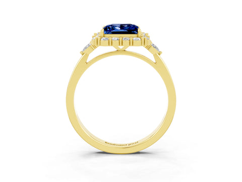 Yellow gold Princess Cut Blue Sapphire Halo Ring with Pear Side Stones and Prong Setting_15