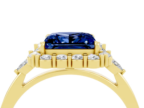 Yellow gold Princess Cut Blue Sapphire Halo Ring with Pear Side Stones and Prong Setting_16