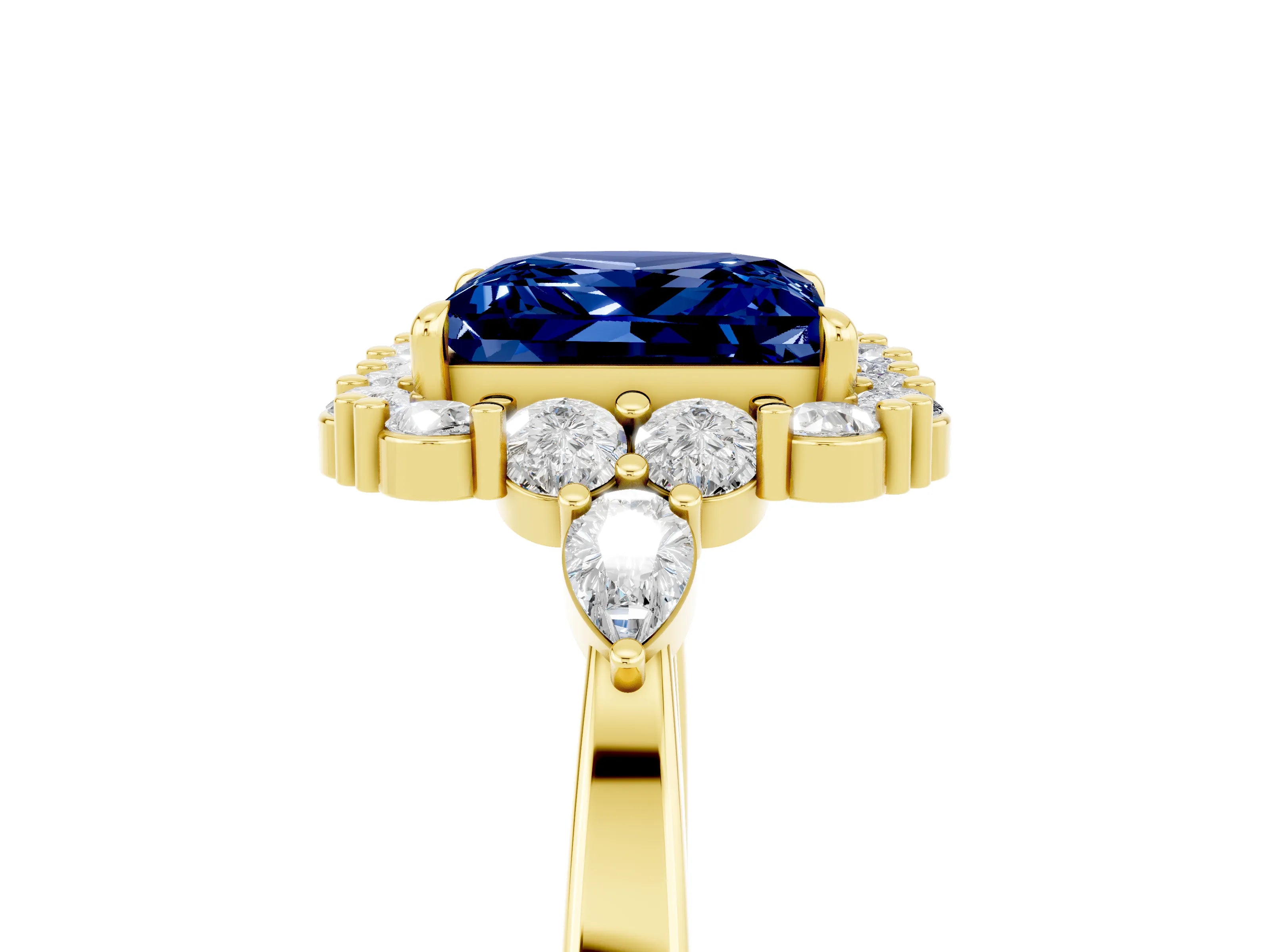 Yellow gold Princess Cut Blue Sapphire Halo Ring with Pear Side Stones and Prong Setting_17