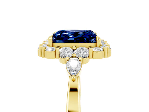 Yellow gold Princess Cut Blue Sapphire Halo Ring with Pear Side Stones and Prong Setting_17
