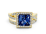 Yellow gold Princess Cut Blue Sapphire Halo Ring with Round Split Shank and Prong Setting_48