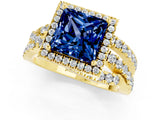 Yellow gold Princess Cut Blue Sapphire Halo Ring with Round Split Shank and Prong Setting_49