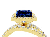 Yellow gold Princess Cut Blue Sapphire Halo Ring with Round Split Shank and Prong Setting_52