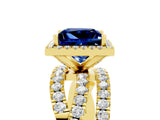 Yellow gold Princess Cut Blue Sapphire Halo Ring with Round Split Shank and Prong Setting_53