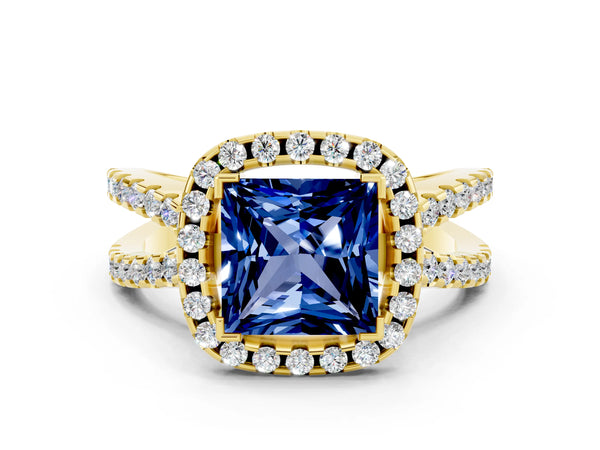 Yellow gold Princess Cut Blue Sapphire Halo Ring with Split Shank Pavé Band and Prong Setting