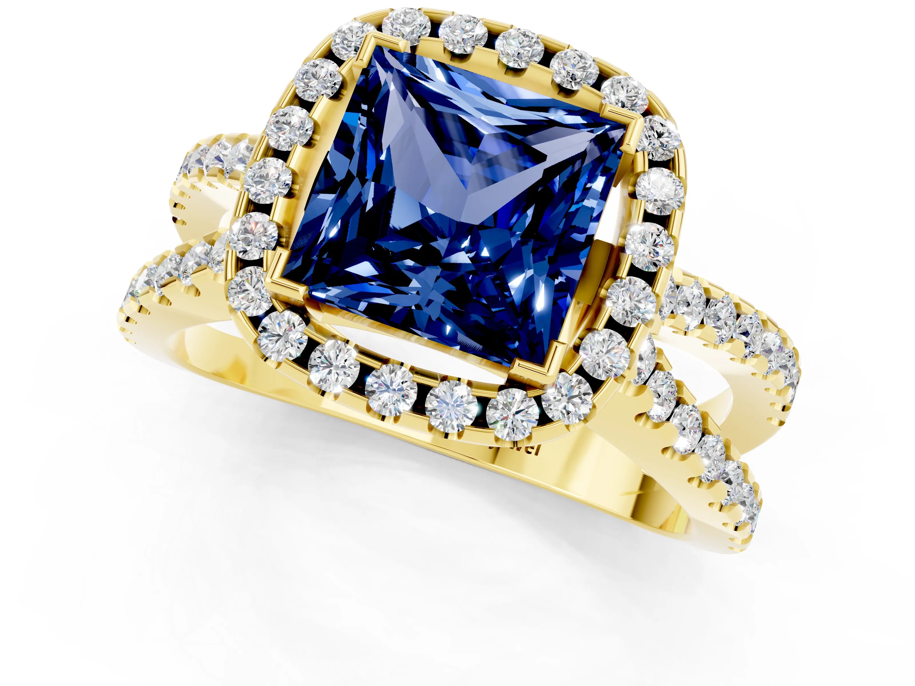 Yellow gold Princess Cut Blue Sapphire Halo Ring with Split Shank Pavé Band and Prong Setting_1