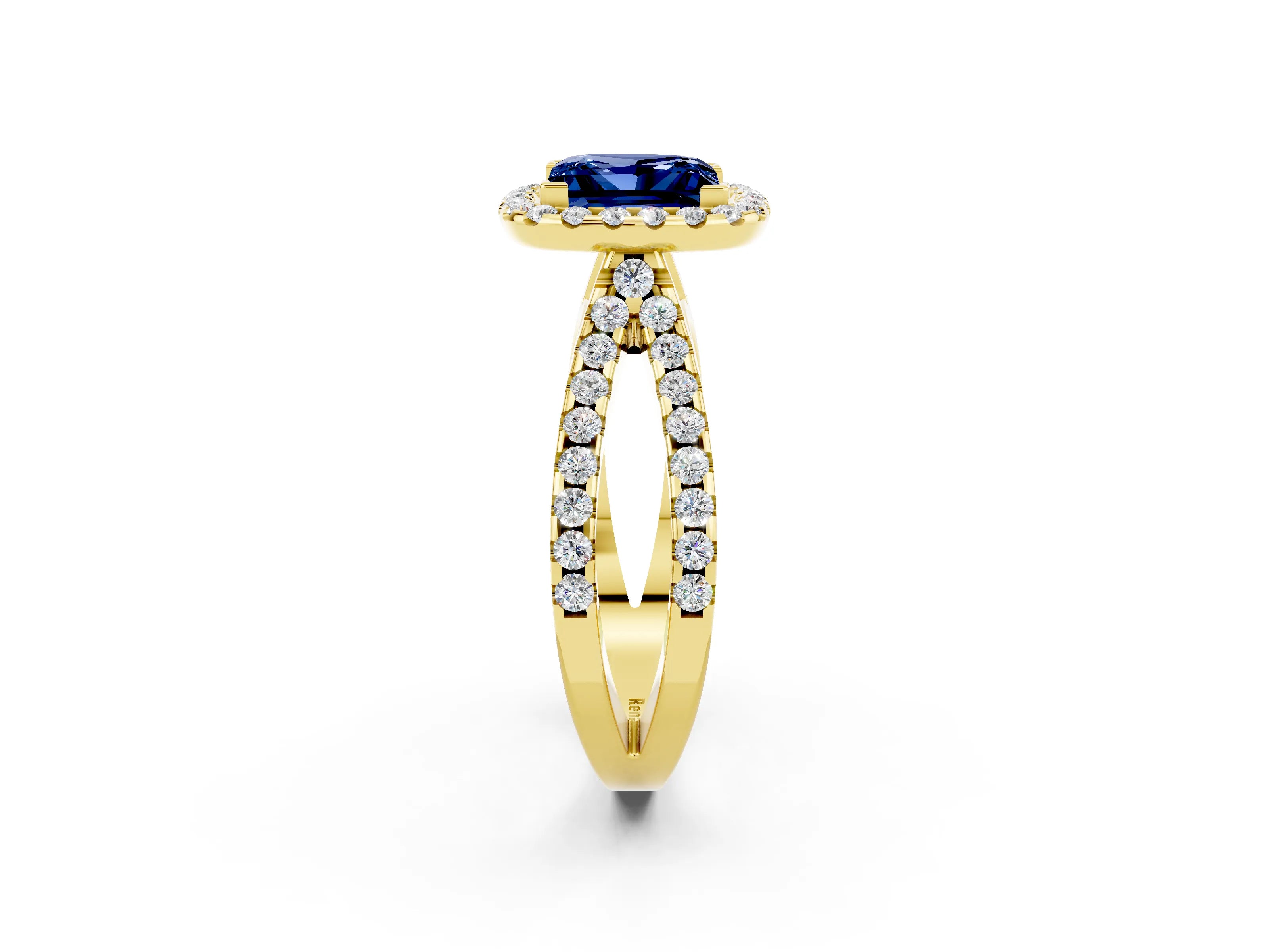 Yellow gold Princess Cut Blue Sapphire Halo Ring with Split Shank Pavé Band and Prong Setting_2