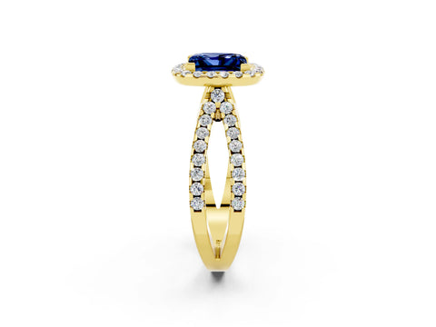 Yellow gold Princess Cut Blue Sapphire Halo Ring with Split Shank Pavé Band and Prong Setting_2