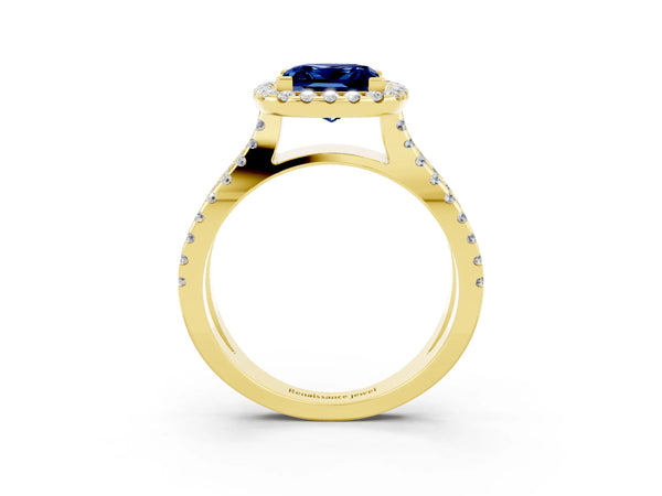 Yellow gold Princess Cut Blue Sapphire Halo Ring with Split Shank Pavé Band and Prong Setting