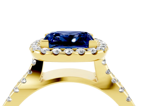 Yellow gold Princess Cut Blue Sapphire Halo Ring with Split Shank Pavé Band and Prong Setting_4