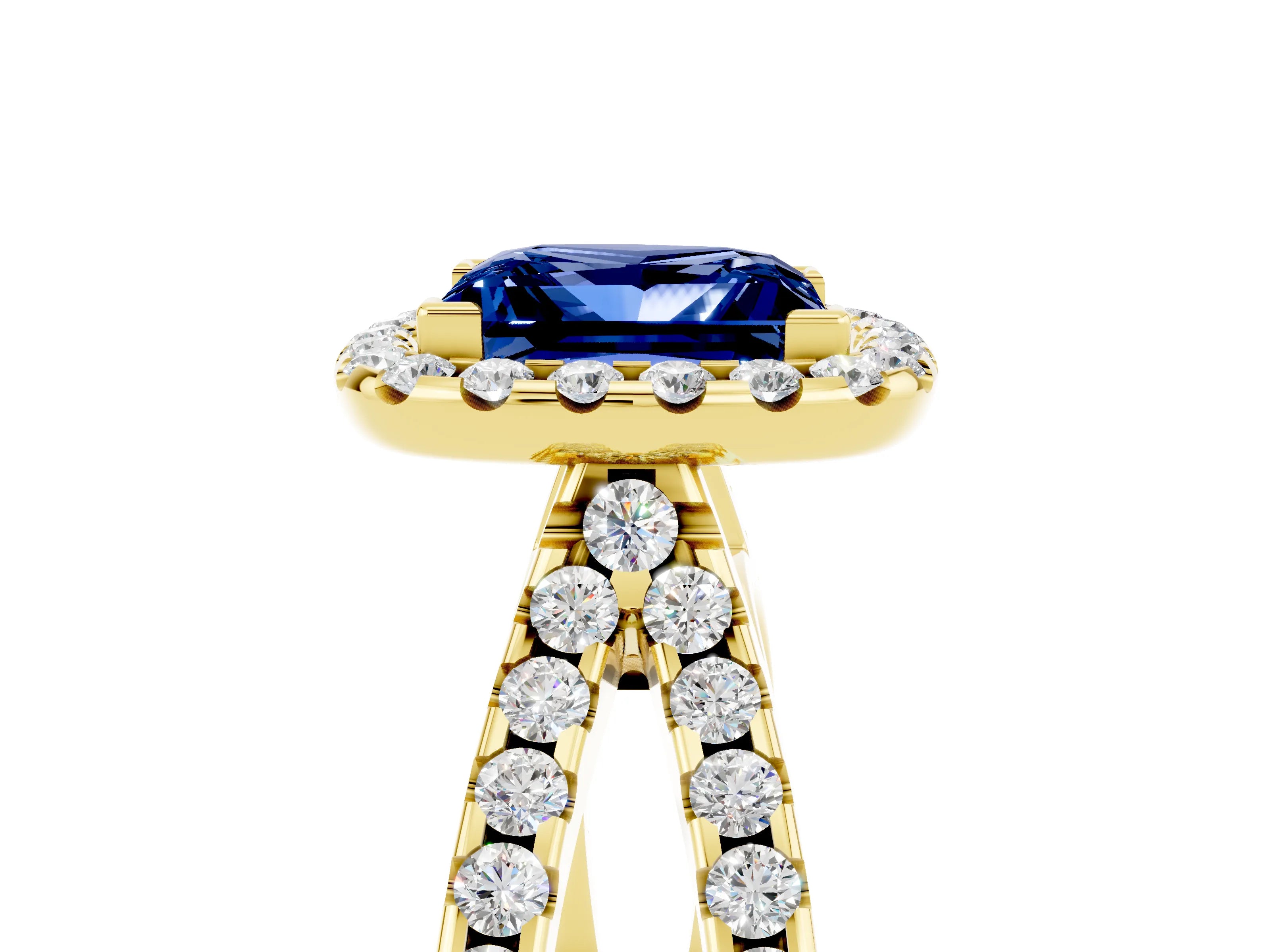 Yellow gold Princess Cut Blue Sapphire Halo Ring with Split Shank Pavé Band and Prong Setting_5