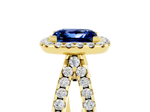 Yellow gold Princess Cut Blue Sapphire Halo Ring with Split Shank Pavé Band and Prong Setting_5