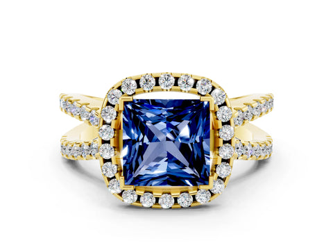 Yellow gold Princess Cut Blue Sapphire Halo Ring with Split Shank Pavé Band and Prong Setting