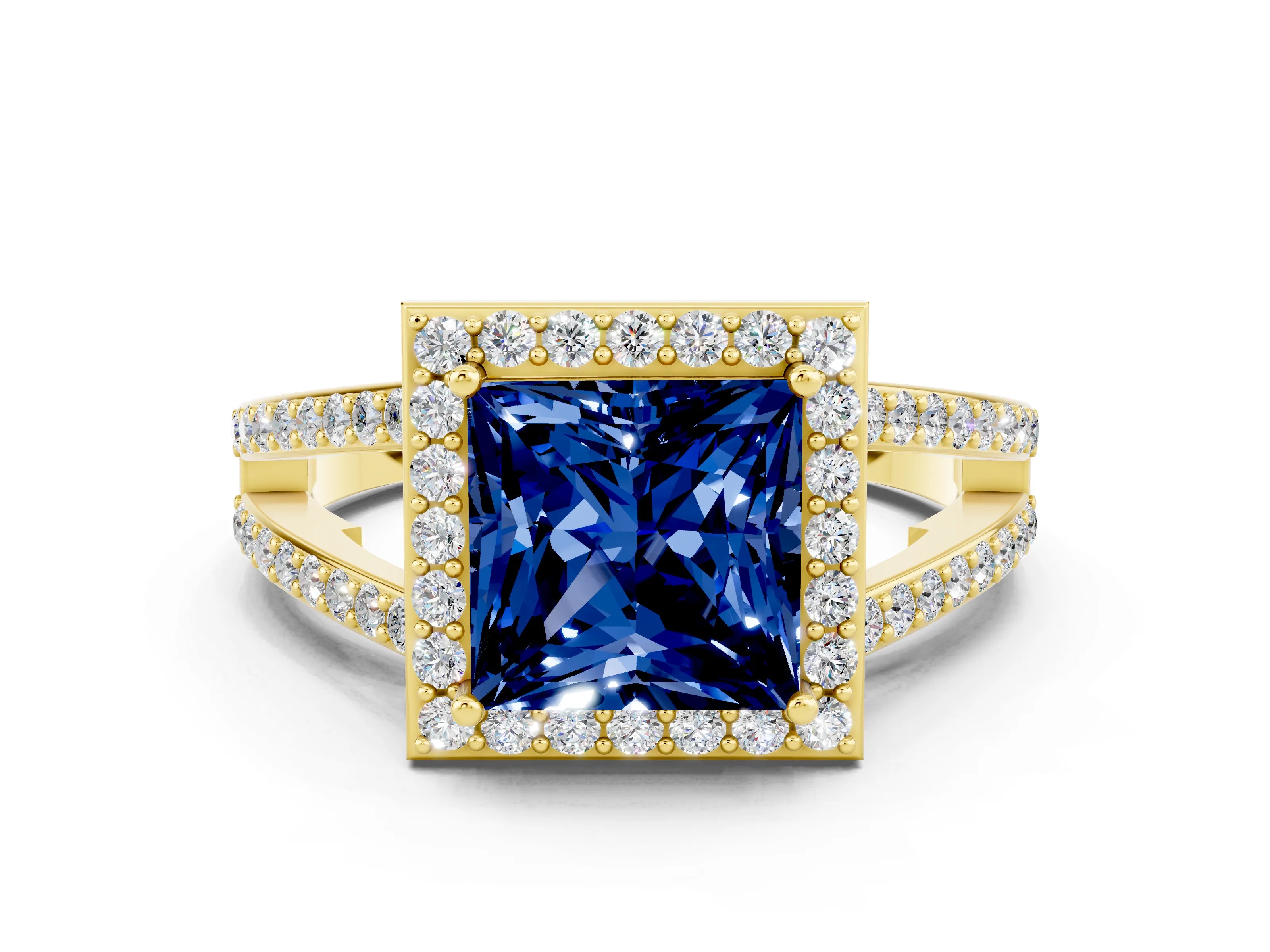 Yellow gold Princess Cut Blue Sapphire Halo Ring with Split Shank U-Prong Band and Four-Prong Setting