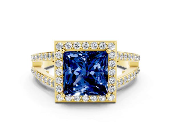 Yellow gold Princess Cut Blue Sapphire Halo Ring with Split Shank U-Prong Band and Four-Prong Setting