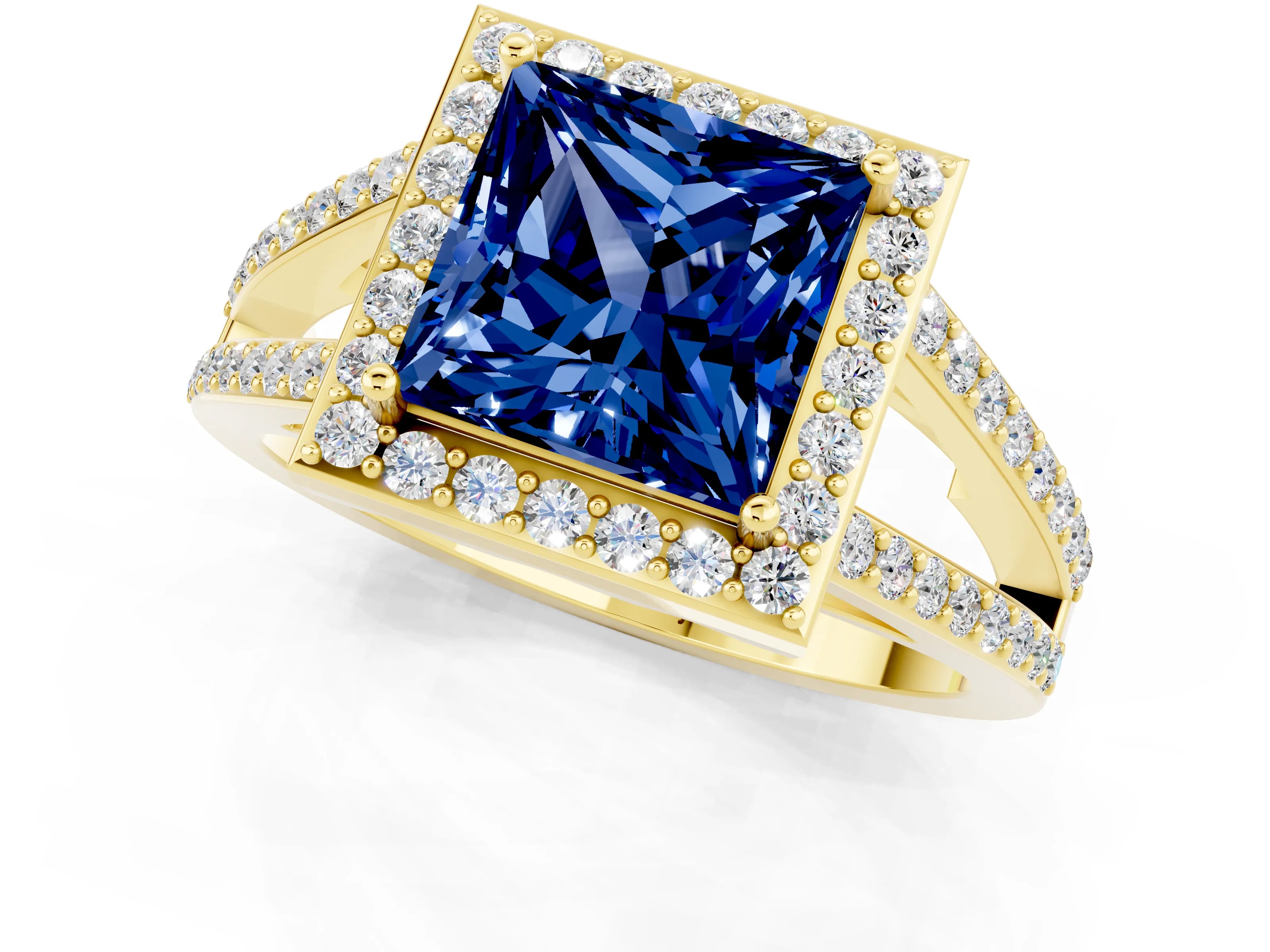 Yellow gold Princess Cut Blue Sapphire Halo Ring with Split Shank U-Prong Band and Four-Prong Setting_1