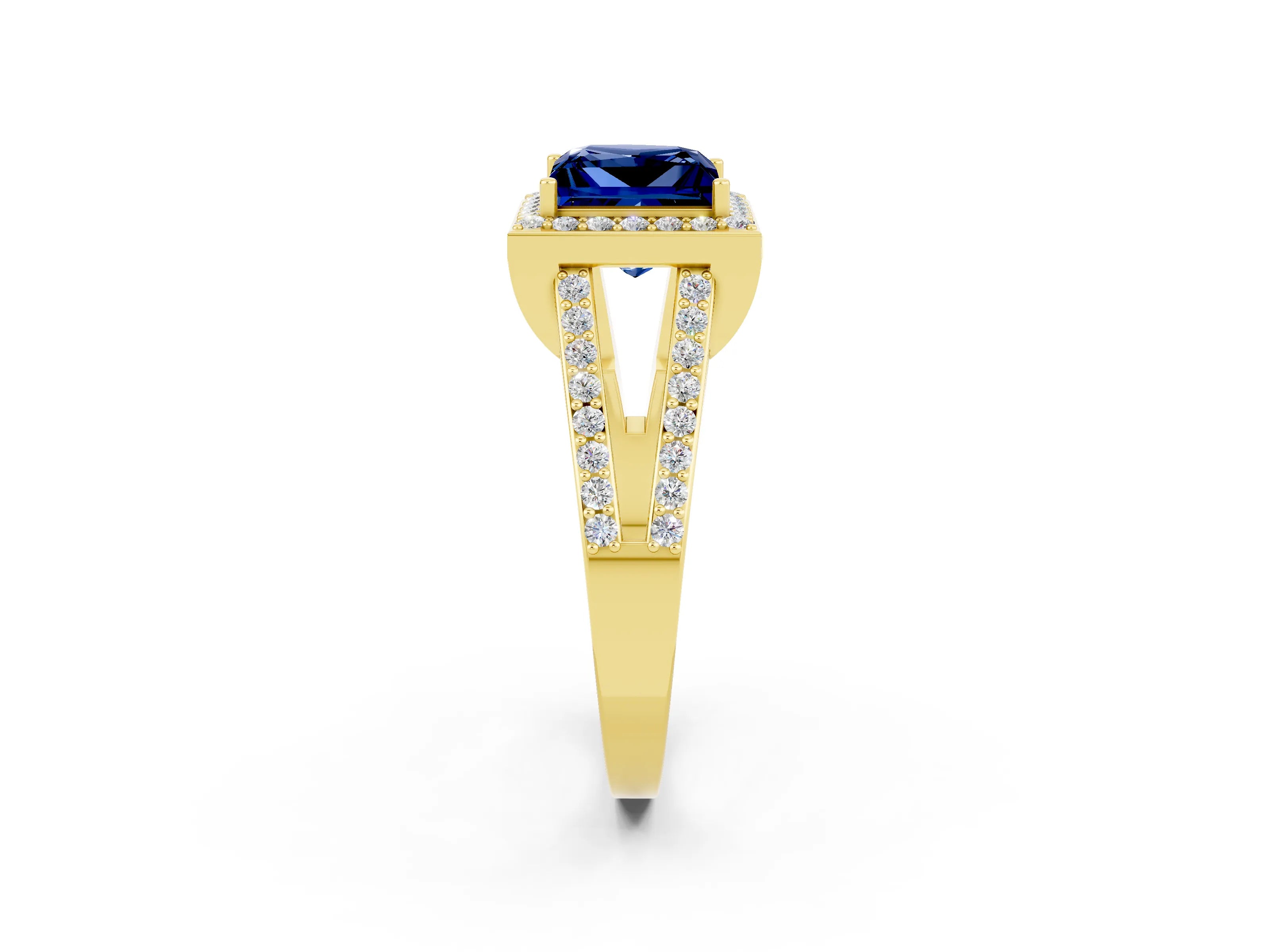 Yellow gold Princess Cut Blue Sapphire Halo Ring with Split Shank U-Prong Band and Four-Prong Setting_2