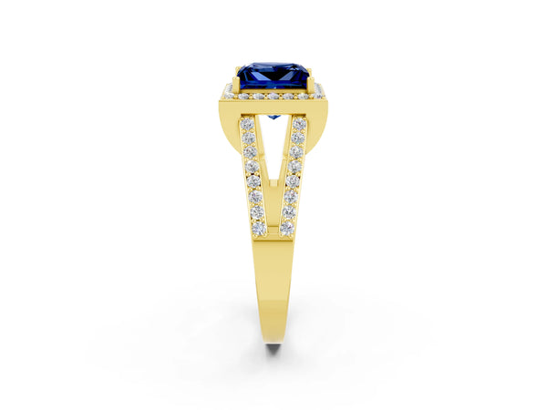 Yellow gold Princess Cut Blue Sapphire Halo Ring with Split Shank U-Prong Band and Four-Prong Setting