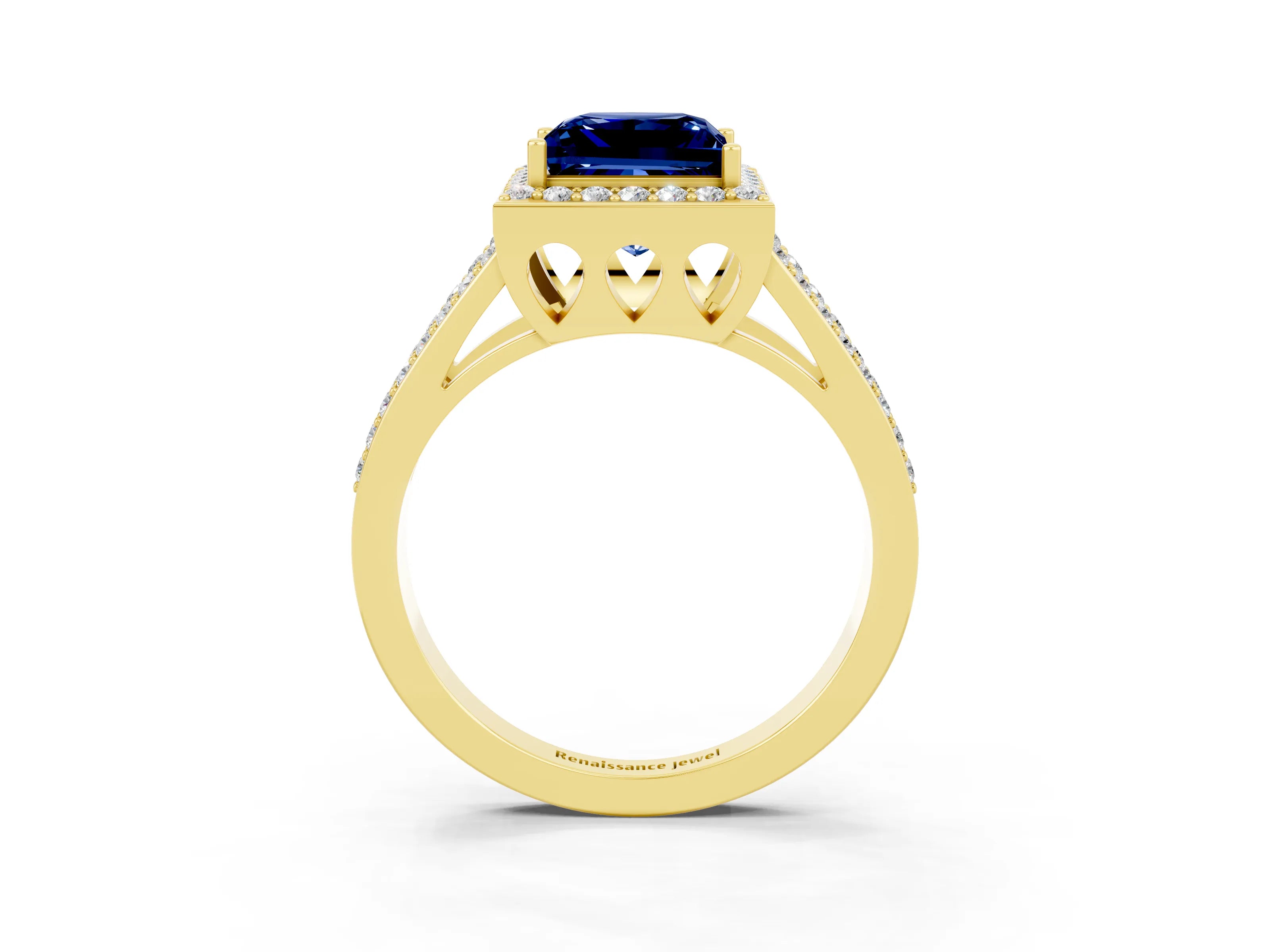 Yellow gold Princess Cut Blue Sapphire Halo Ring with Split Shank U-Prong Band and Four-Prong Setting_3