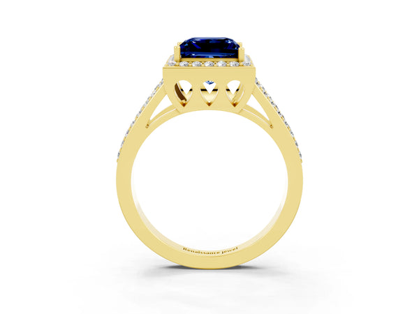 Yellow gold Princess Cut Blue Sapphire Halo Ring with Split Shank U-Prong Band and Four-Prong Setting