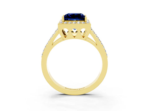 Yellow gold Princess Cut Blue Sapphire Halo Ring with Split Shank U-Prong Band and Four-Prong Setting_3