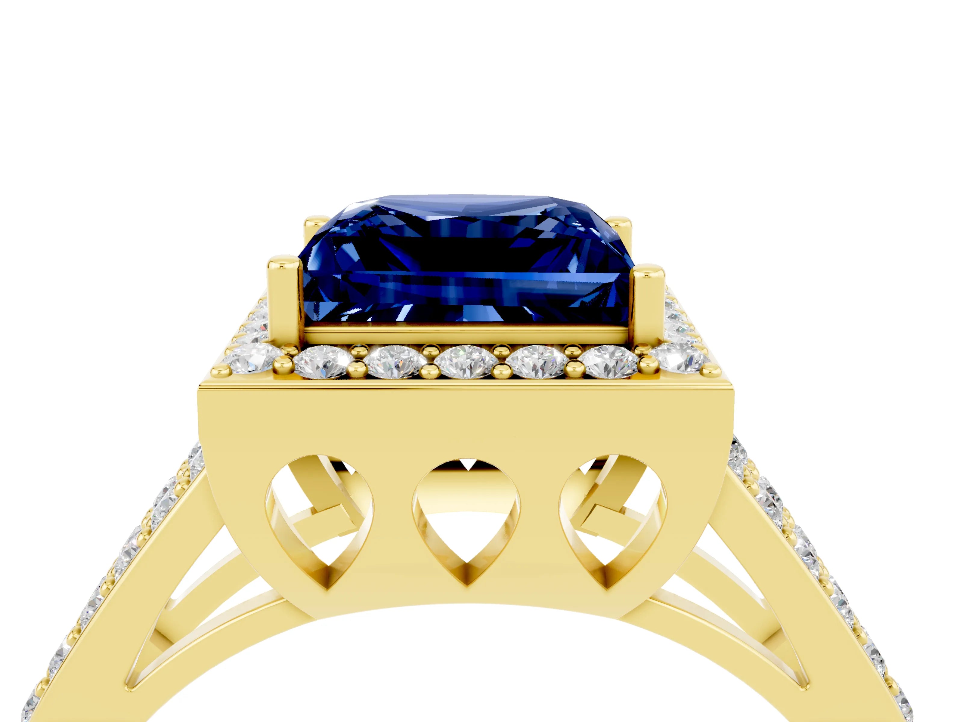 Yellow gold Princess Cut Blue Sapphire Halo Ring with Split Shank U-Prong Band and Four-Prong Setting_4