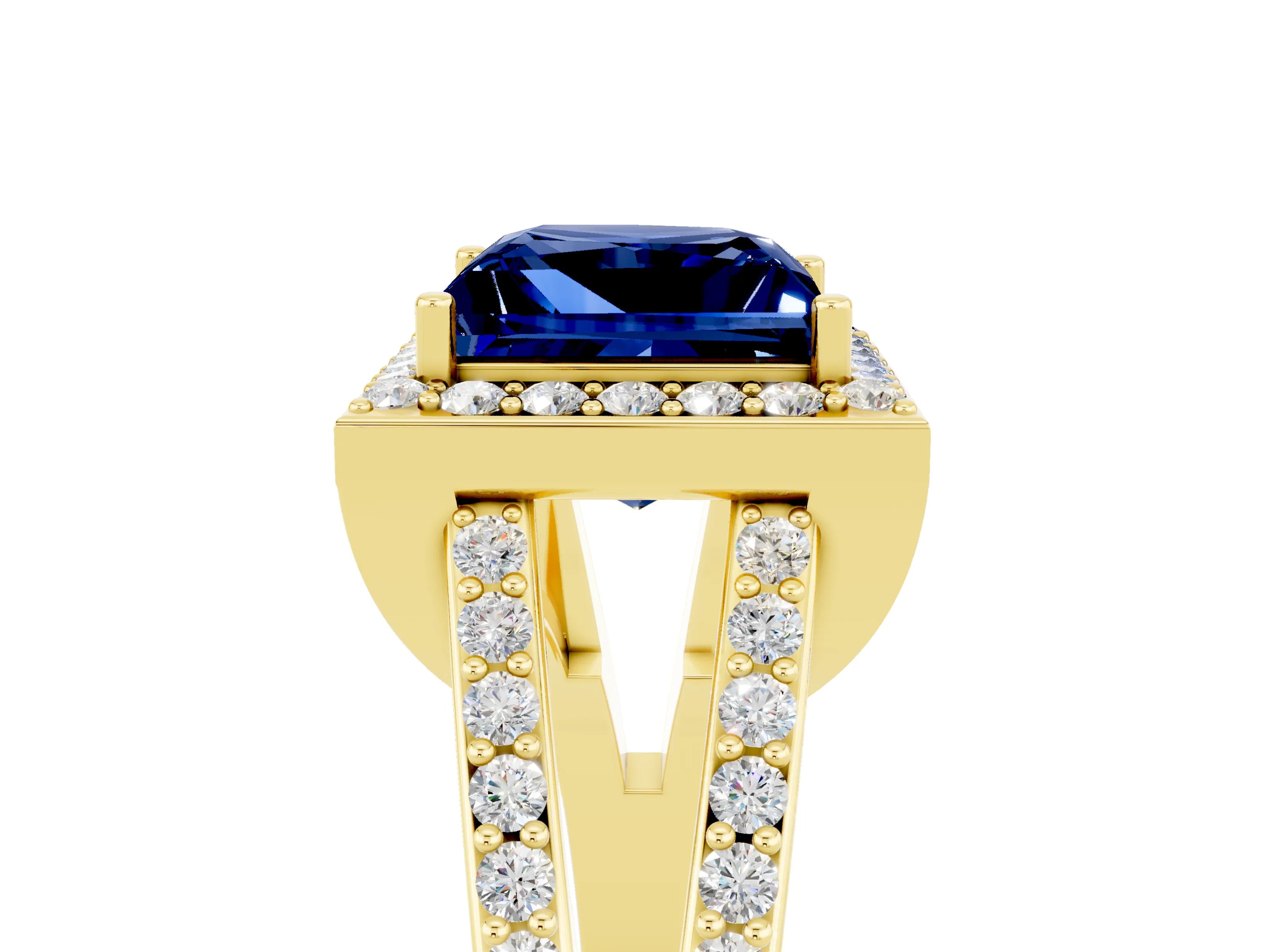 Yellow gold Princess Cut Blue Sapphire Halo Ring with Split Shank U-Prong Band and Four-Prong Setting_5