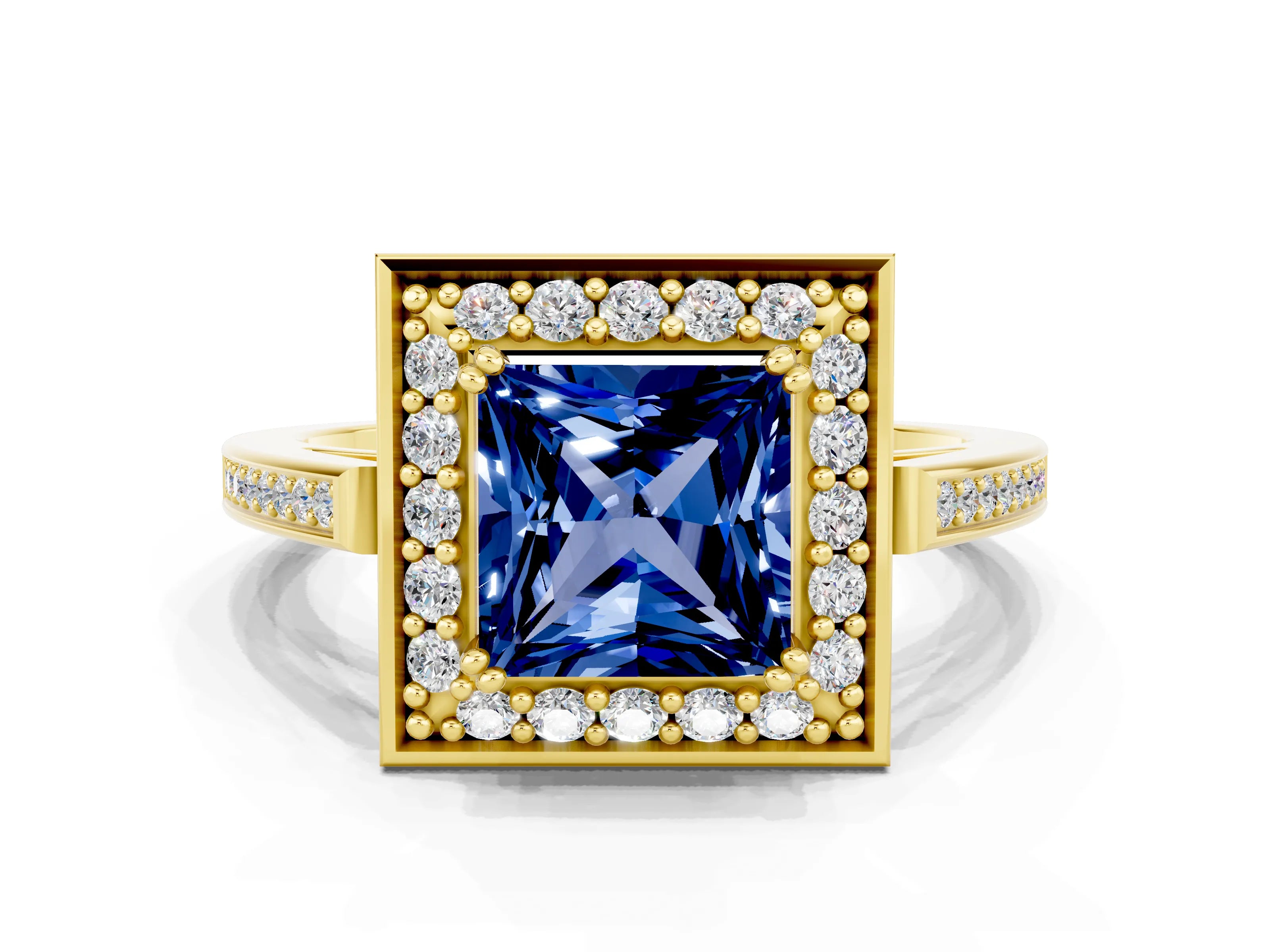 Yellow gold Princess Cut Blue Sapphire Halo Ring with Split Shank and Four-Prong Setting