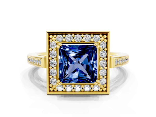 Yellow gold Princess Cut Blue Sapphire Halo Ring with Split Shank and Four-Prong Setting