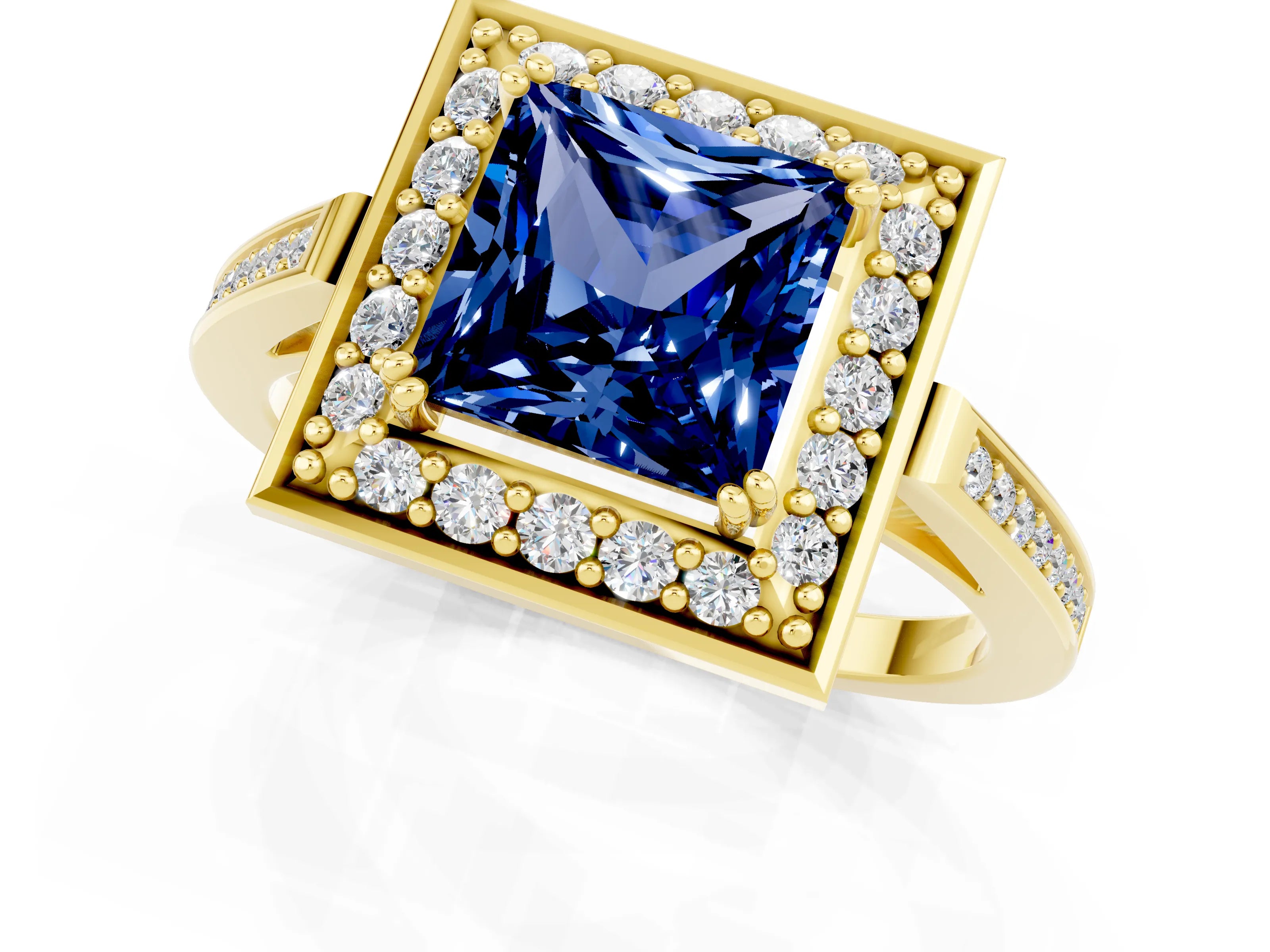 Yellow gold Princess Cut Blue Sapphire Halo Ring with Split Shank and Four-Prong Setting_1
