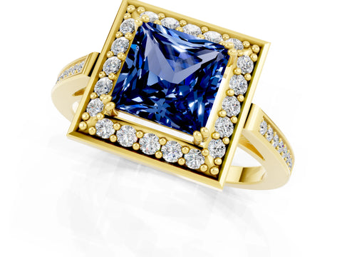 Yellow gold Princess Cut Blue Sapphire Halo Ring with Split Shank and Four-Prong Setting_1